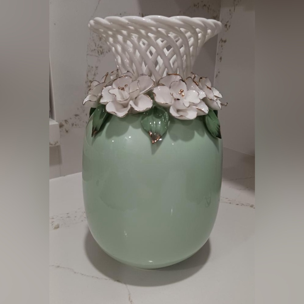 Elegant Mint Green Ceramic Vase with Floral Accents